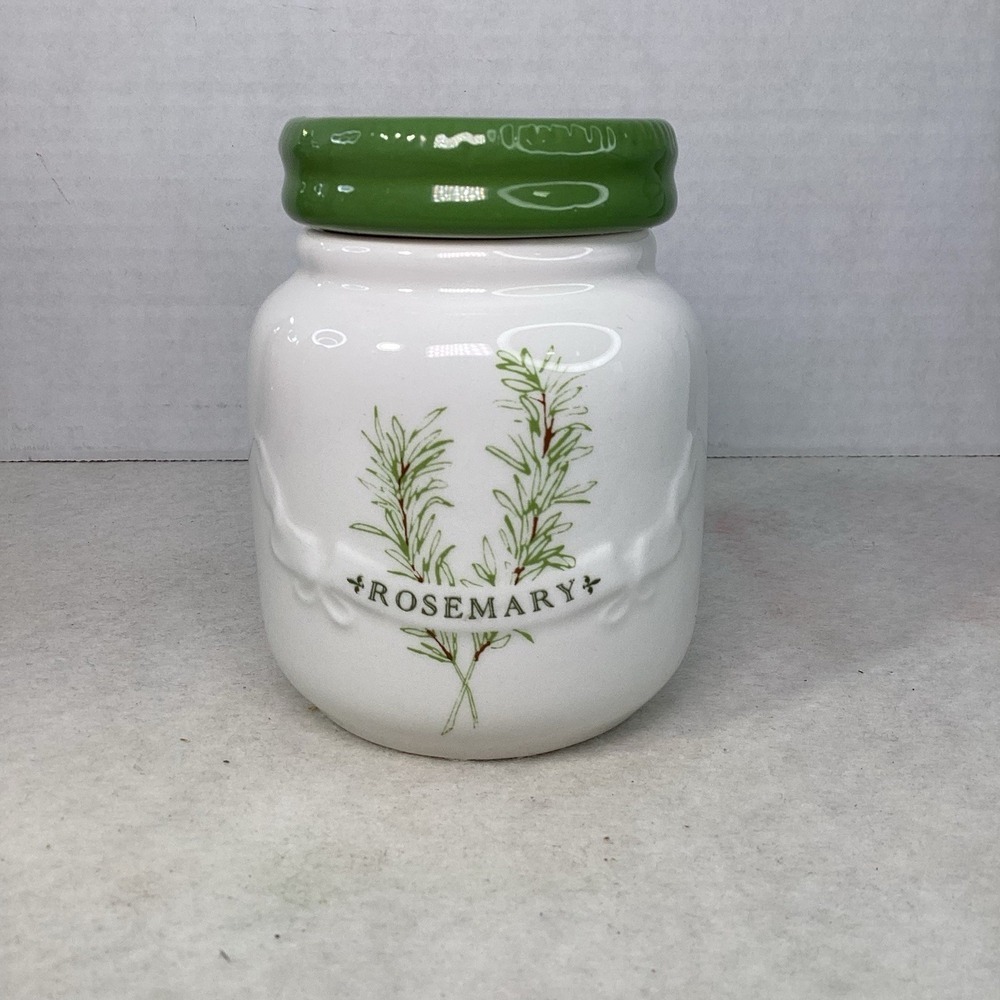 Sur La Table Rosemary Ceramic Herb Canister White Green Lid Farmhouse Spice Jar